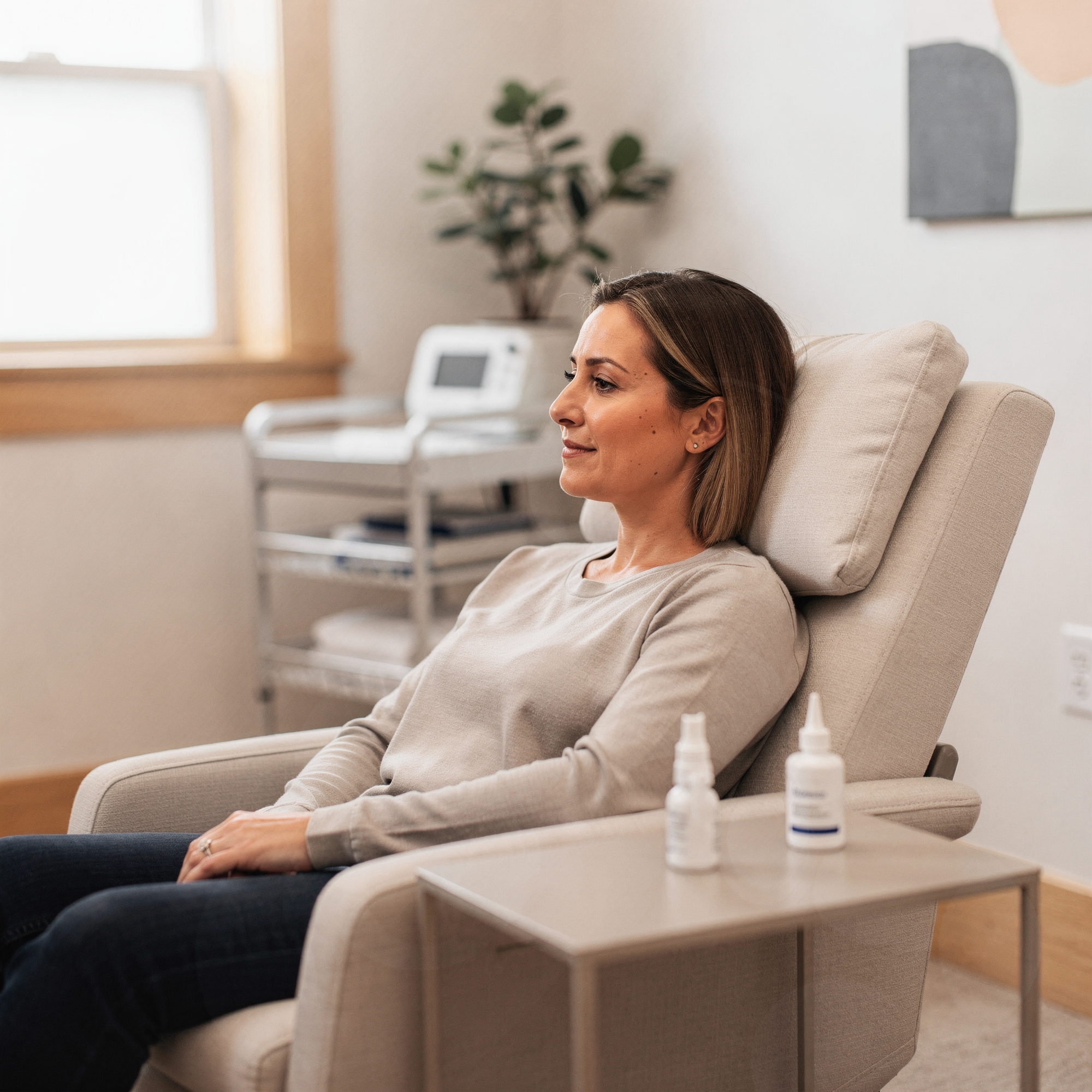 Patient relaxing in a comfortable chair during Spravato treatment at Neowellnez clinic